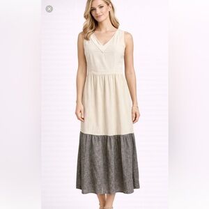 Joie Sleeveless V-Neck Tiered Maxi Dress in Cream and Gray NWT